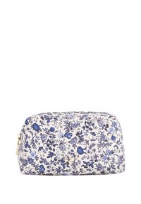 Kozmetička torbica s cvjetnim uzorkom od kremastog materijala, zaobljenog oblika, sa zlatnim zatvaračem. Sadrži detaljne botaničke ilustracije.