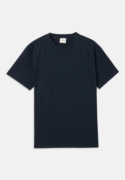 Plain dark navy blue short-sleeve crew neck t-shirt with small embossed logo near the bottom hem.