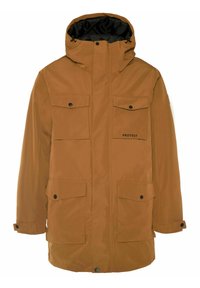 Parka marron avec capuche, intérieur noir, plusieurs poches avant, boutons-pression et logo "PROTEST" sur la poitrine. Texture lisse.