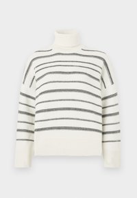 Weißer Rollkragenpullover mit schwarzen horizontalen Streifen. Ausgestattet mit geripptem Kragen und Bündchen. Weicher Stoff, lockere Passform und Strickdesign.