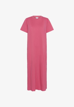 Rózsaszín, rövid ujjú maxi ruha puha, könnyű anyagból. Egyenes fazon, laza illeszkedés, minimális dizájn és látható fémrészek nélkül.