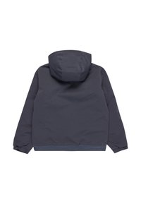 Giacca con cappuccio grigio scuro, con una texture liscia, polsini elasticizzati e orlo a coste. Design semplice, adatta per un abbigliamento casual.