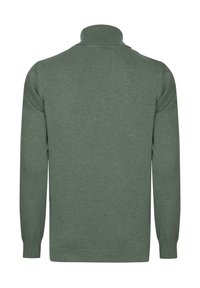 Pull en maille vert avec un col montant et des poignets côtelés. Présente une texture lisse, une couleur unie et une coupe standard.