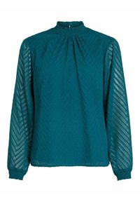 Blusa teal con collo alto, design plissettato, maniche lunghe in trasparenza e motivo a zigzag testurizzato. Le maniche hanno polsini elasticizzati per un miglior fit.