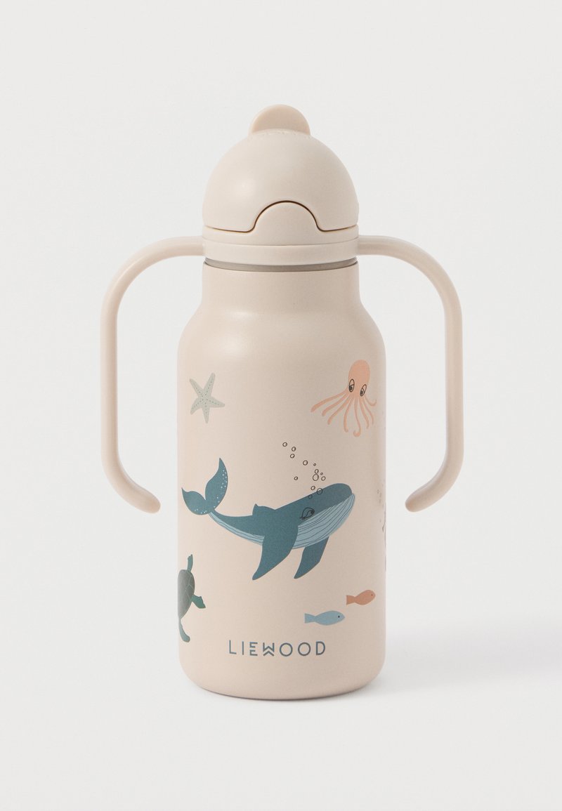 Botella de agua de acero inoxidable color durazno con diseños de ballena, pulpo y tortuga marina. Presenta asas laterales y una tapa abatible.