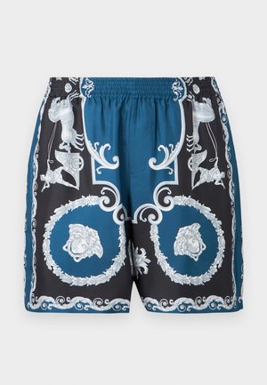 Badeshorts mit blau-schwarzem Design und kunstvollen weißen Mustern, darunter kreisförmige Motive und Figuren, elastischer Bund.
