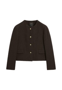 Brown wool-blend cropped jacket, round neck, five gold-tone buttons, two front pockets, textured fabric. Classic, tailored design.