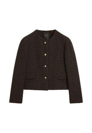 Brown wool-blend cropped jacket, round neck, five gold-tone buttons, two front pockets, textured fabric. Classic, tailored design.