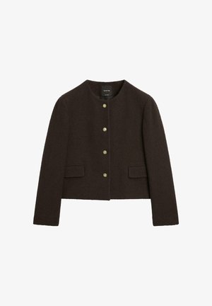 Brun ullblandad kort jacka, rund hals, fem knappar i guldton, två frampocket, texturerad tyg. Klassisk, skräddarsydd design.