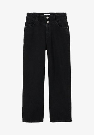 Sorte denim straight leg jeans med dobbelt knaplukning, designet med forlommer og diskrete syninger. Stoffet har en glat tekstur.