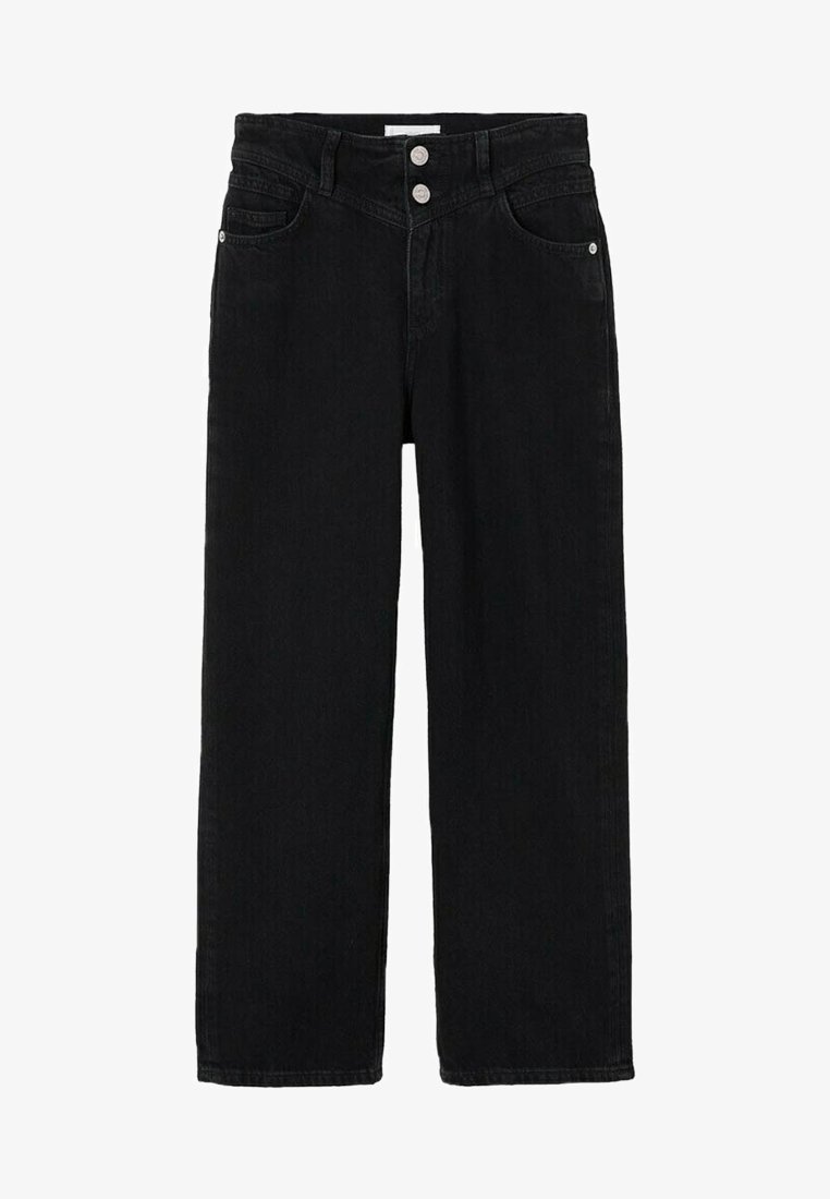 Jeans neri in denim a gamba dritta con chiusura a doppio bottone, progettati con tasche frontali e dettagli di cucitura sottili. Il tessuto ha una texture liscia.