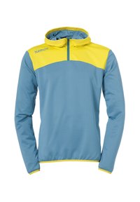 Sudadera de polar azul claro con una sección superior amarilla y cuello con cremallera. Presenta mangas largas y un dobladillo ajustado. Logo en el pecho.