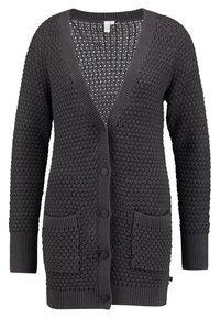 Cardigan lungo grigio scuro con scollo a V, design a maglia texturizzata, due tasche frontali, chiusura a bottoni e polsini e orlo a costine.