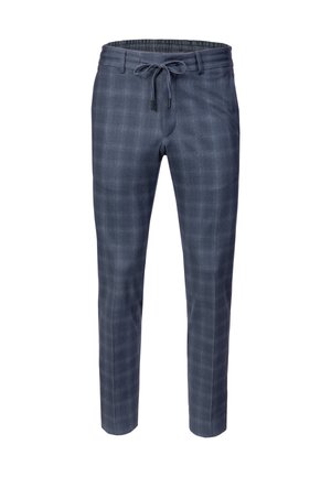 Pantalones de cuadros azul marino ajustados para hombre con cintura elástica y cordón, bolsillos delanteros y corte a medida hasta el tobillo.