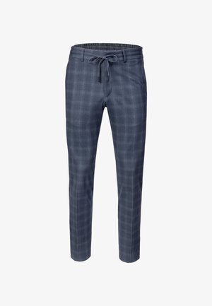 Pantaloni slim fit da uomo a quadri blu navy con fascia elastica in vita e coulisse, tasche frontali e taglio su misura alla caviglia.
