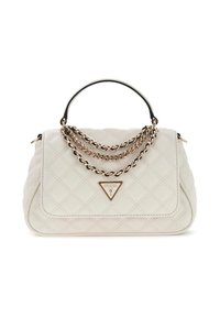 Sac à main blanc matelassé avec doubles anses en chaîne dorée, détail de logo triangulaire et texture lisse. Présente une forme structurée et arrondie.