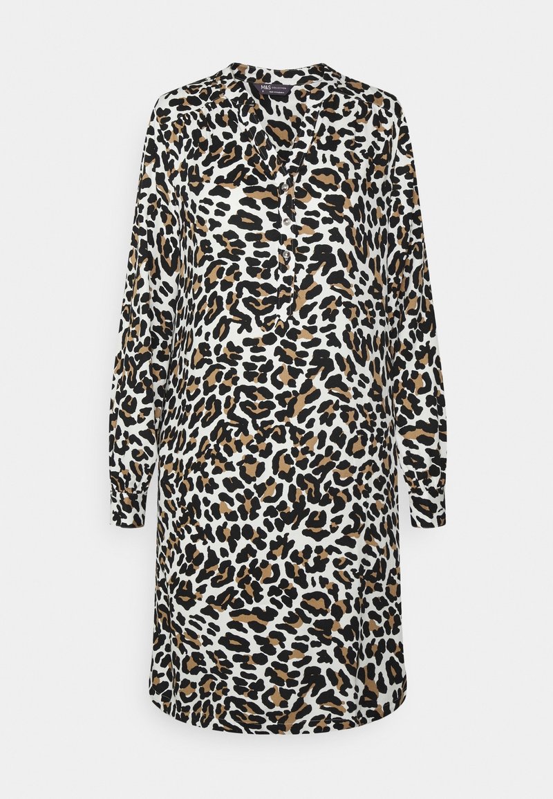 Robe manches longues imprimé léopard avec taches marron, noires et blanches, col en V avec boutons et coupe décontractée.