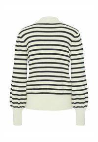 Nevöön neule, kermavärinen mustilla raidoilla, jossa on puffit hihat sekä ribbireunus helman ja hihansuiden kohdalla. Pyöreä kaula-aukko ja pehmeä tekstuuri.