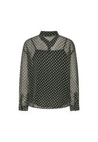 Transparente schwarze Bluse mit kleinen cremefarbenen geometrischen Mustern, einem Kragen, langen Ärmeln und Knopfmanschetten. Leichter Stoff mit einer sanften Textur.