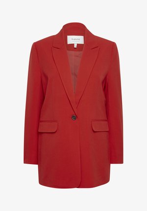 Rode blazer van gladde stof, met een scherpe revers, enkele knoopsluiting en twee voorzakken met een getailleerde pasvorm.