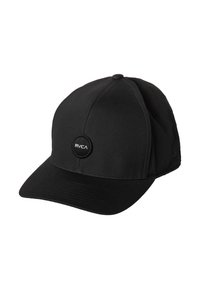 Black cap made from fabric with a rounded crown and a stiff, flat brim. Features a circular logo patch on the front.