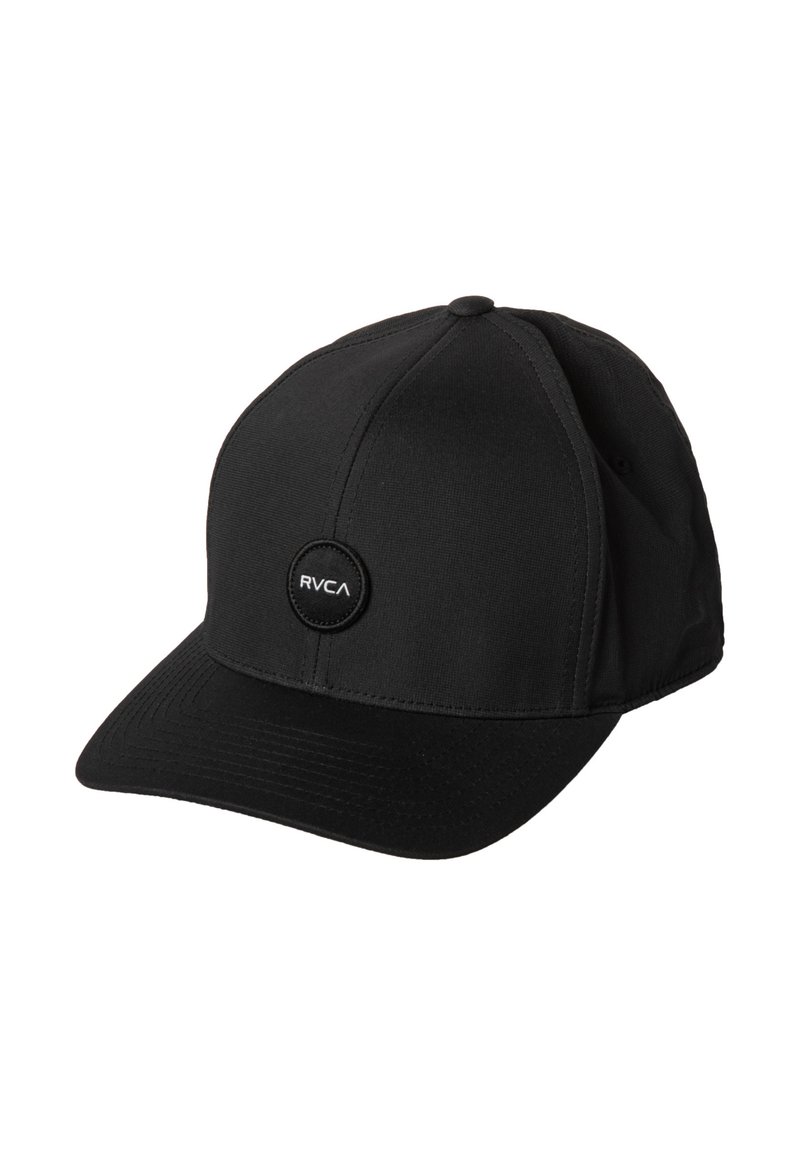 Black cap made from fabric with a rounded crown and a stiff, flat brim. Features a circular logo patch on the front.