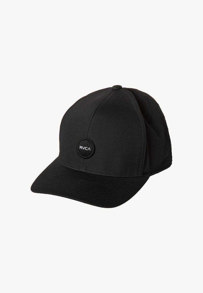 Black cap made from fabric with a rounded crown and a stiff, flat brim. Features a circular logo patch on the front.