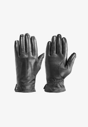 Gants en cuir noir avec des détails de couture droite, poignet élastiqué et finition lisse. Conçus pour le confort et la chaleur.
