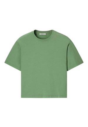 Groen cropped katoenen T-shirt met korte mouwen, ronde halslijn en normale pasvorm.