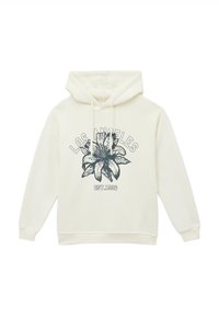 Felpa crema con cappuccio, caratterizzata da una grafica di un giglio e "LOS ANGELES EST. 1996" in blu scuro. Realizzata in tessuto morbido.