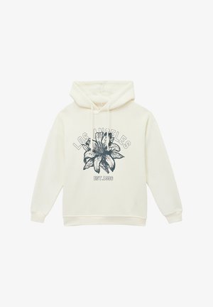 Crème sweatshirt met capuchon, voorzien van een grafisch ontwerp van een lelie en "LOS ANGELES EST. 1996" in donkerblauw. Gemaakt van zacht materiaal.