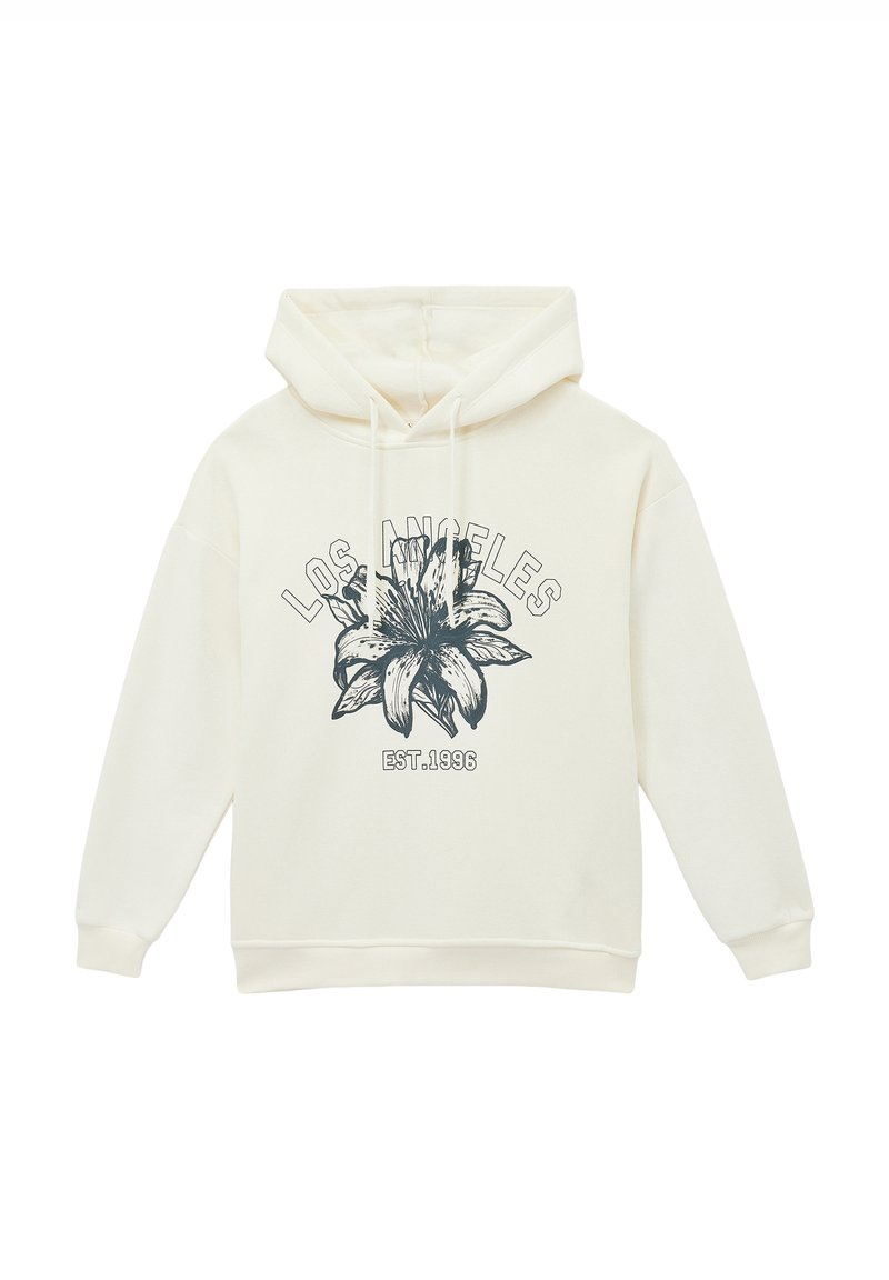 Felpa crema con cappuccio, caratterizzata da una grafica di un giglio e "LOS ANGELES EST. 1996" in blu scuro. Realizzata in tessuto morbido.