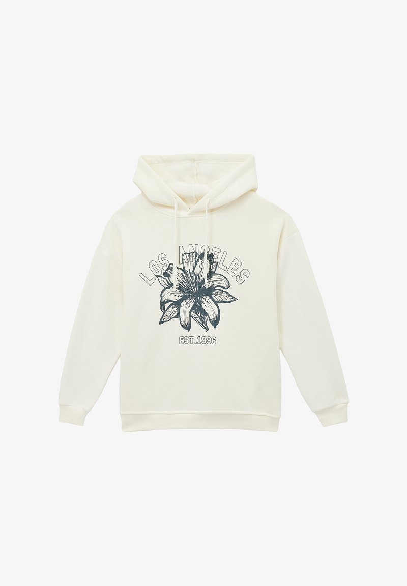 Felpa crema con cappuccio, caratterizzata da una grafica di un giglio e "LOS ANGELES EST. 1996" in blu scuro. Realizzata in tessuto morbido.