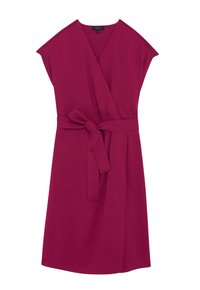 Vestido envolvente fucsia con mangas cortas, cintura anudada y diseño de escote en V, que presenta una tela suave y un corte a la altura de la rodilla.