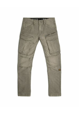Cargo pants in light gray cotton blend fabric with multiple pocket compartments, zipper detail, straight legs, and reinforced stitching.