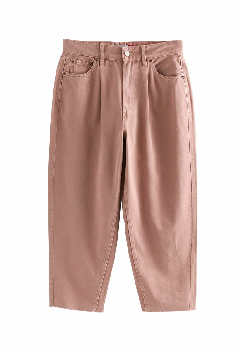 Pantalons en denim rose poussiéreux avec une coupe ample, dotés de cinq poches, d'une fermeture par bouton et de détails de couture visibles. Design uni, longueur mi-mollet.
