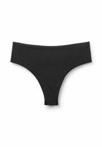 Czarne bikini dolne, wykonane z gładkiej, elastycznej tkaniny, z niskim stanem i minimalnym kryciem z tyłu, o bezszwowym wzroście.