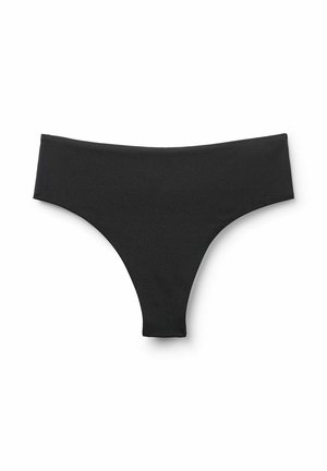 Black bikini bottom, made of smooth stretchy fabric, featuring a low-rise waistband and minimal rear coverage with a seamless design.