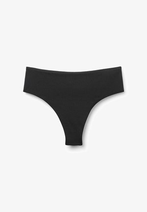 Schwarze Bikinihose, aus glattem dehnbarem Material, mit einem tief sitzenden Bund und minimaler Rückabdeckung in nahtlosem Design.