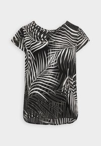 Camiseta de manga corta en blanco y negro con un patrón de hojas de palmera. Tejido suave con escote redondo y un dobladillo ligeramente curvado.
