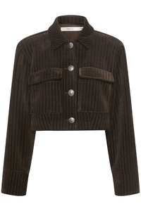 Brun kordfløyelsjakke med cropped lengde og vertikale linjer, som har krage, fire frontlommer og sølvfargede trykknapper.