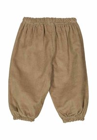 Tan corduroy broek met een elastische tailleband, poffige Beenmanchetten en verticale ribbels. Zacht afwerking zorgt voor een casual uitstraling.