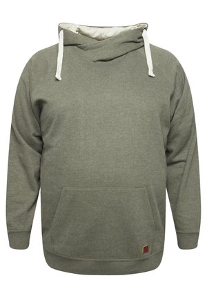 Zielony sweter z kapturem o kształcie czołowym, z regulowanym kapturem, kieszenią kangurką i teksturowanym materiałem. Posiada małą brązową łatkę-logo.