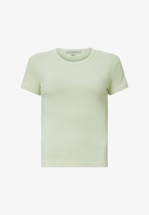 Helles grünes T-Shirt mit kurzen Ärmeln aus weicher, glatter Baumwolle. Verfügt über einen klassischen Rundhalsausschnitt und eine taillierte Silhouette.