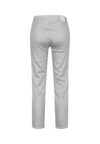 Helle graue Hose mit geradem Schnitt, ausgestattet mit zwei Gesäßtaschen und minimalen Nahtdetails. Hergestellt aus einem weichen, strapazierfähigen Stoff.