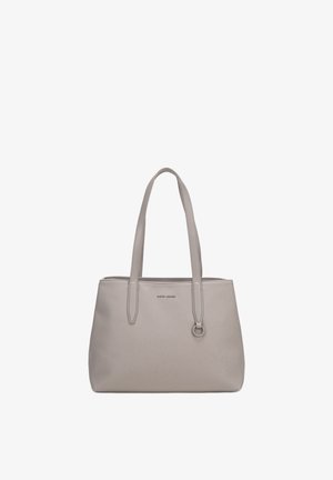 Borsa tote in pelle grigio chiaro con doppi manici, forma rettangolare e piccolo dettaglio anello metallico su un manico.