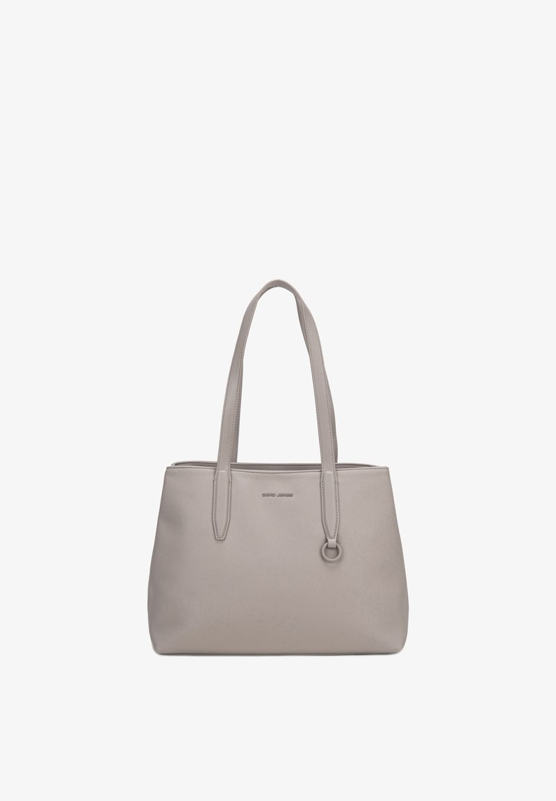 Sac cabas en cuir gris clair avec doubles anses, forme rectangulaire et petit anneau en métal sur une ansse.