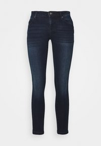 Donkerblauwe skinny jeans met een gladde denimtextuur, ontwerp met vijf zakken, knoopsluiting en subtiele horizontale stiksels.
