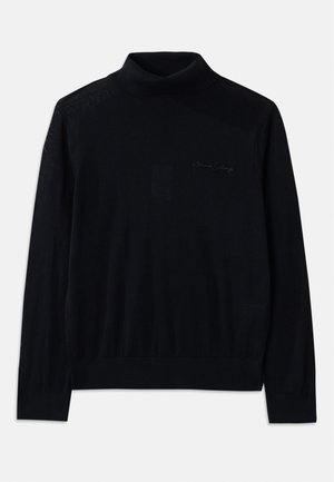 Μαύρο πουλόβερ με ζιβάγκο από μαλακό ύφασμα, διαθέτει μακριά μανίκια και μια διακριτική κεντημένη λογότυπο στο μπροστινό μέρος. Απλός σχεδιασμός με ριμπ τελειώματα.