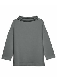 Grå sweatshirt med långa ärmar, bred och lös turtleneck-krage och rak fåll, visad platt på en vit bakgrund.